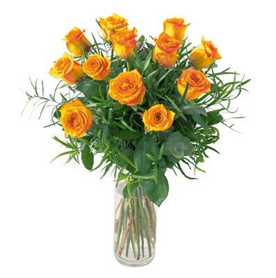 12 Roses oranges avec verdures N° 19