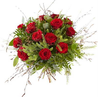 Bouquet de 12 roses rouges et verdure N° 13